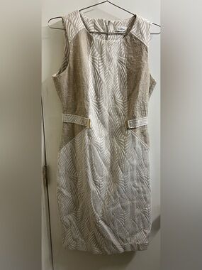 Calvin Klein Mixed Media Jacquard Sheath Dress Gold Side Tabs Ivory Latte 10